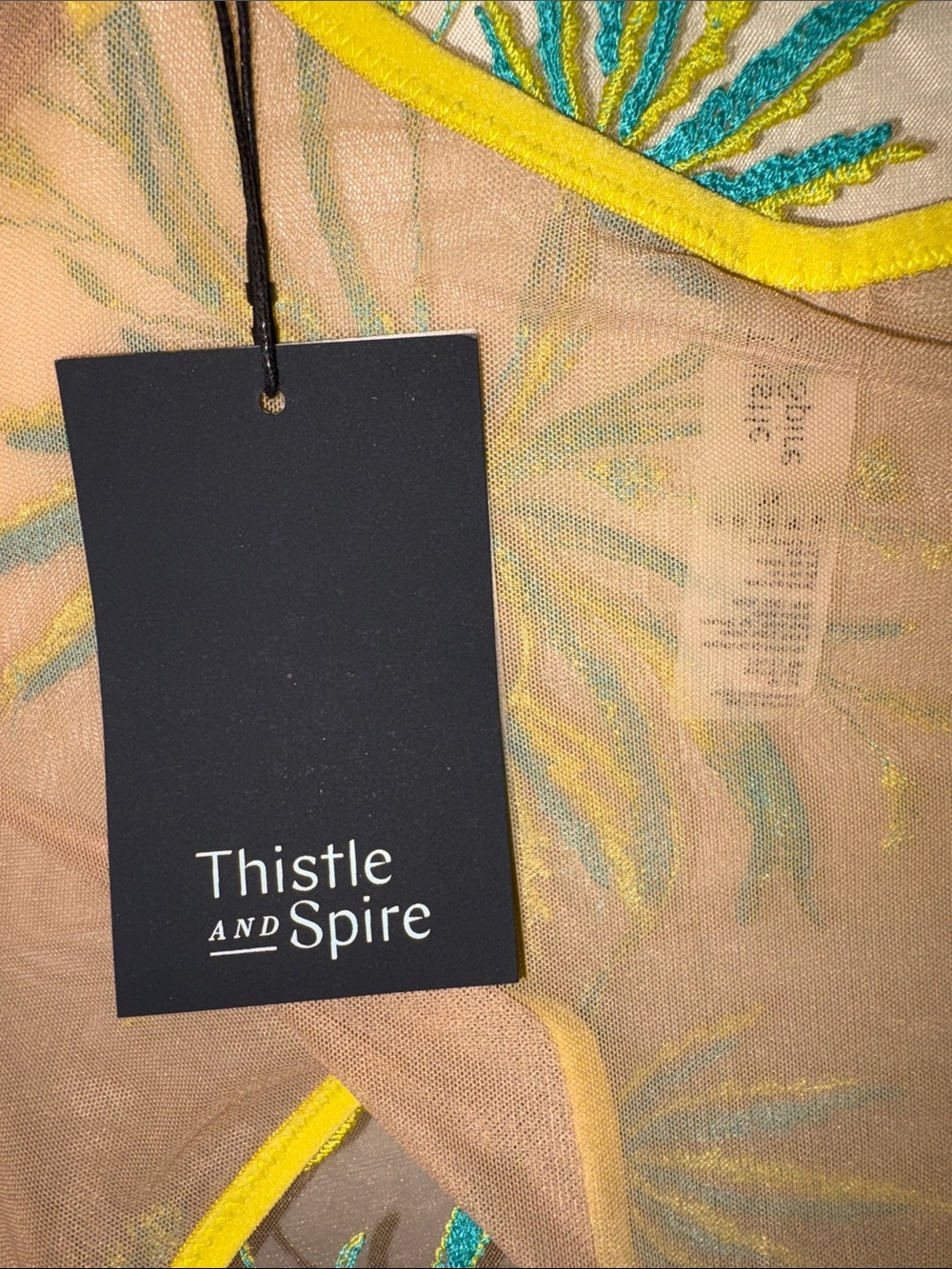 Thistle and Spire Sheer Embroidered Mesh Bodysuit in Tan and Green- XL - Picture 5 of 7